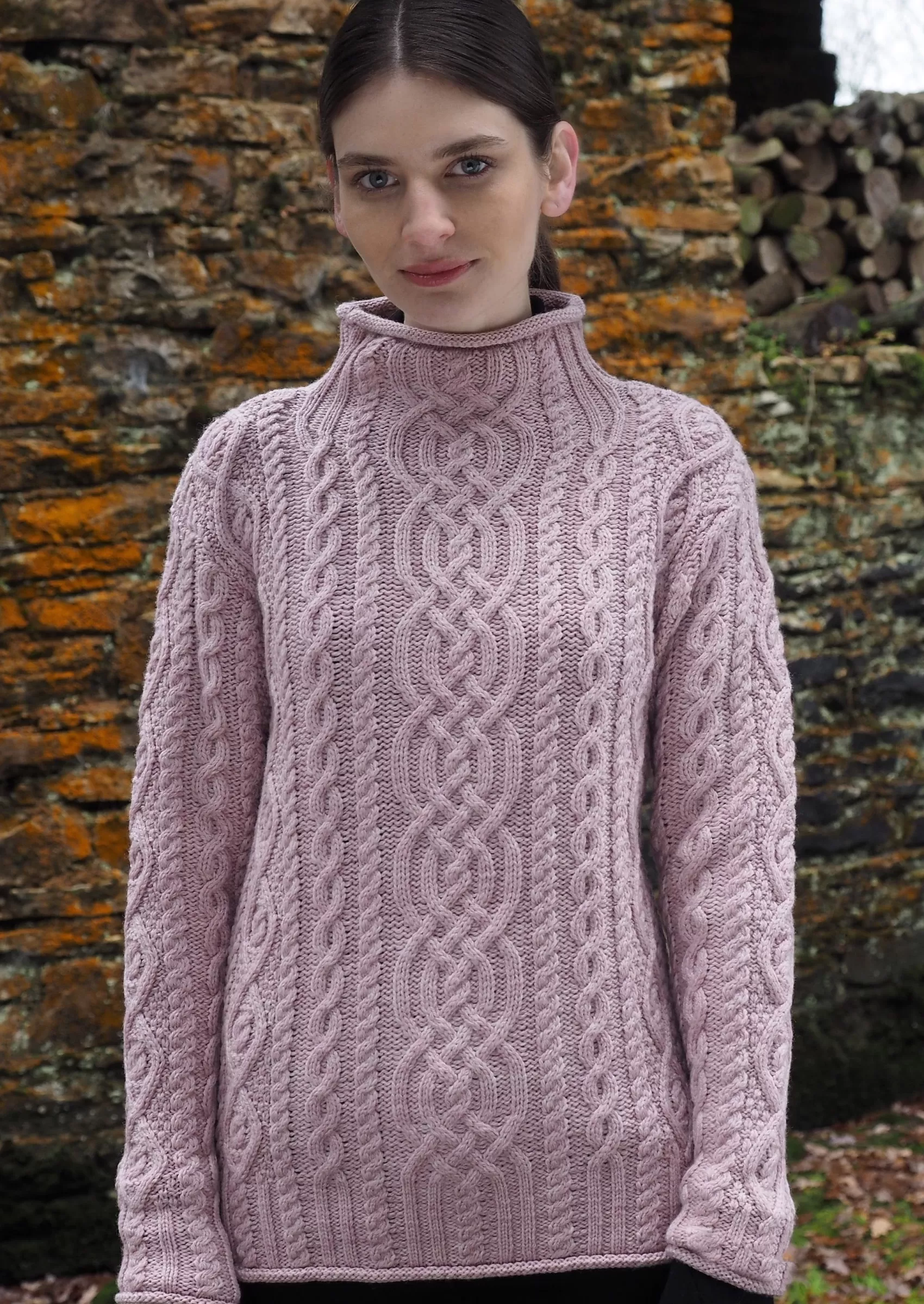 Aran Sweaters^Aran Crafts Super Soft Funnel Neck Aran Sweater | Pink