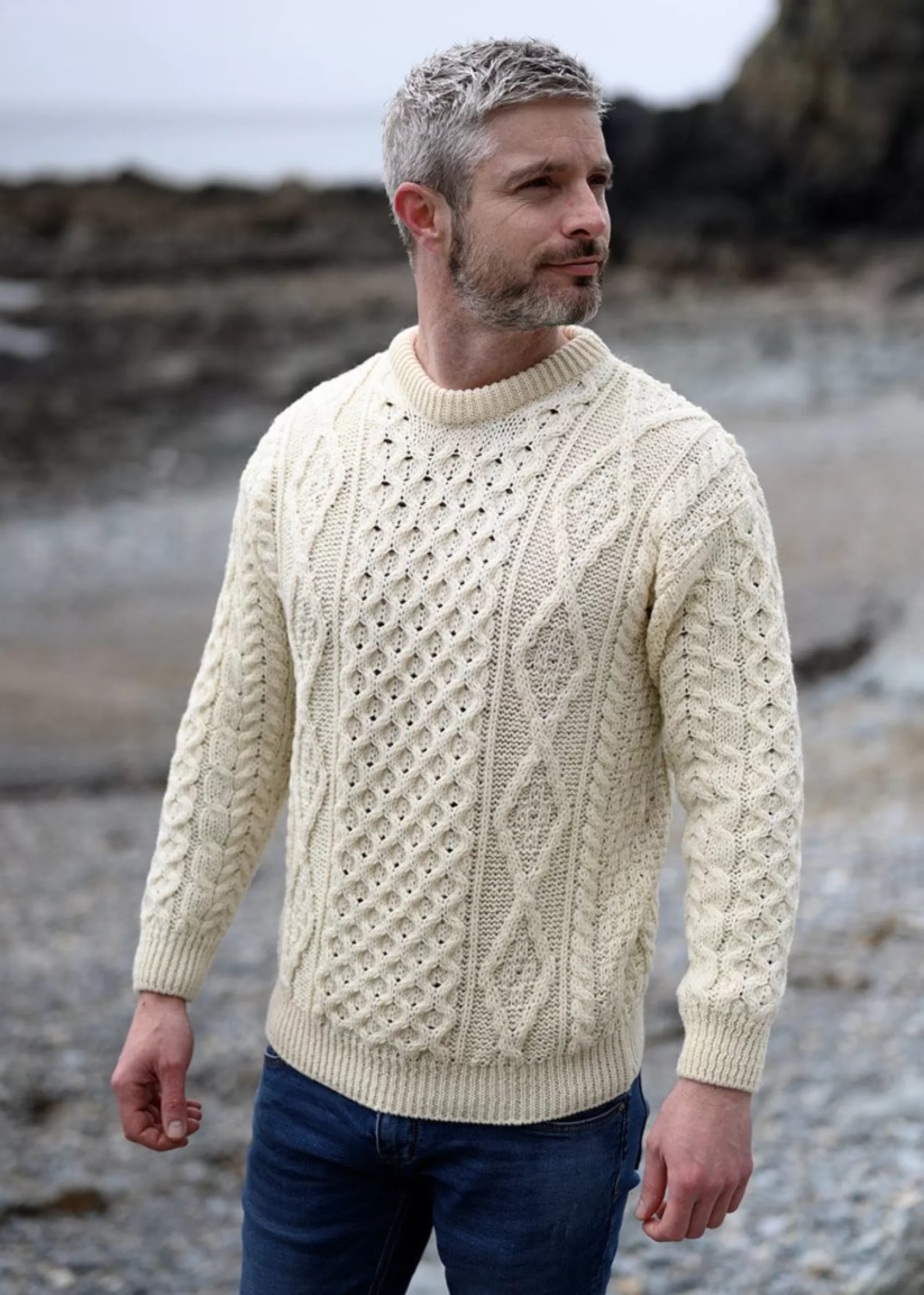 Aran Sweaters^Aran Woollen Mills Unisex Aran Wool Sweater | Natural