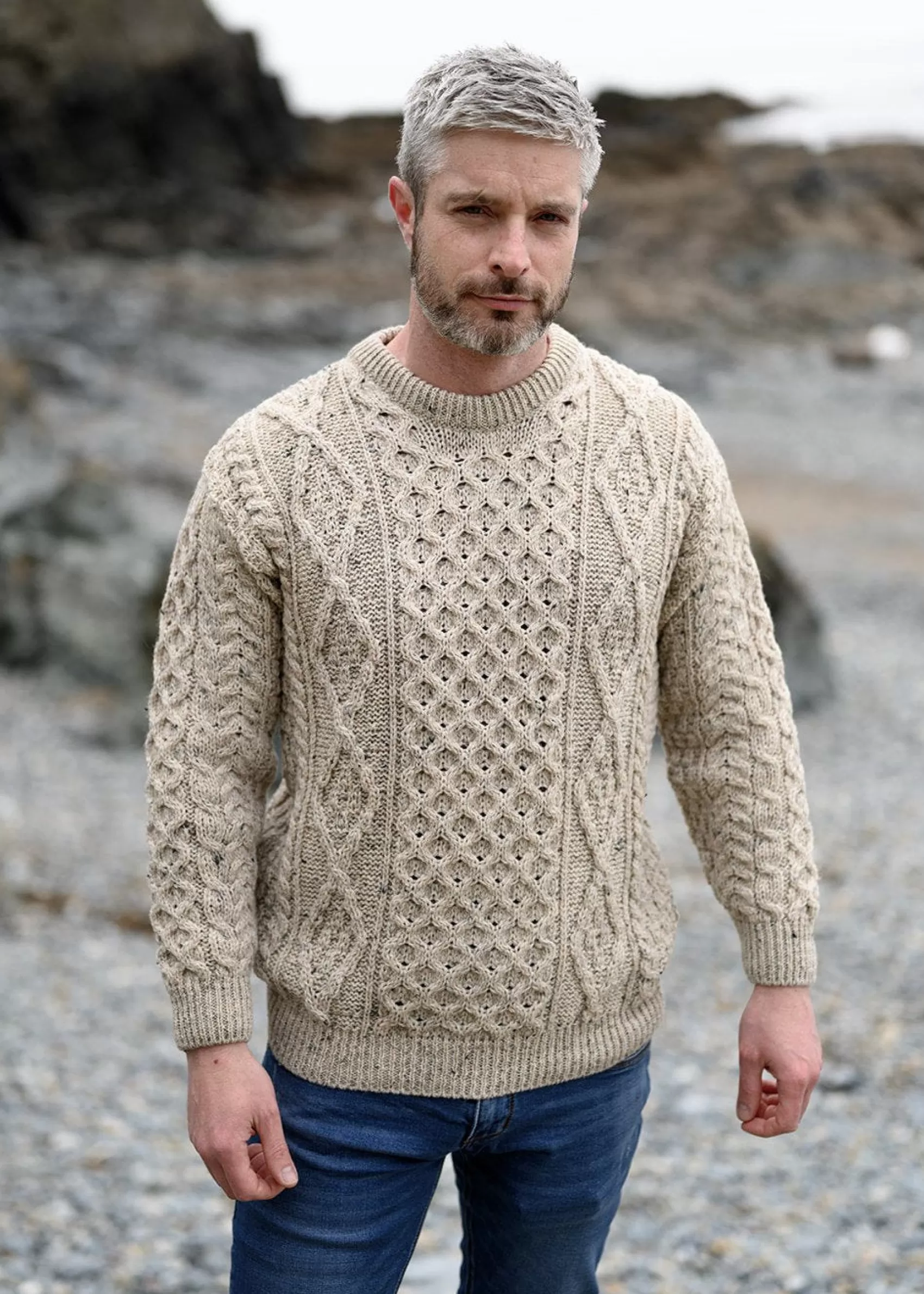 Aran Sweaters^Aran Woollen Mills Unisex Aran Wool Sweater | Oatmeal