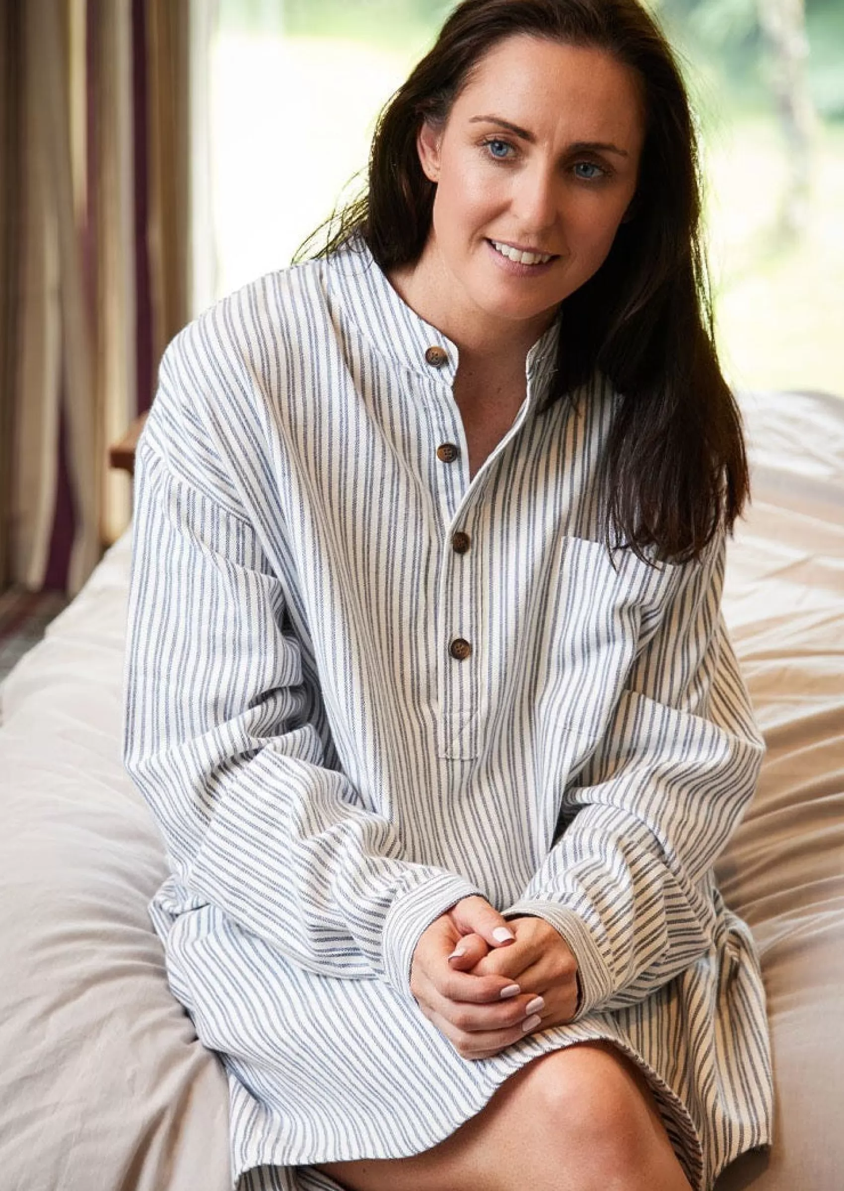 Traditional Shirts^Lee Valley Unisex Flannel Nightshirt | Blue Ivory Stripe