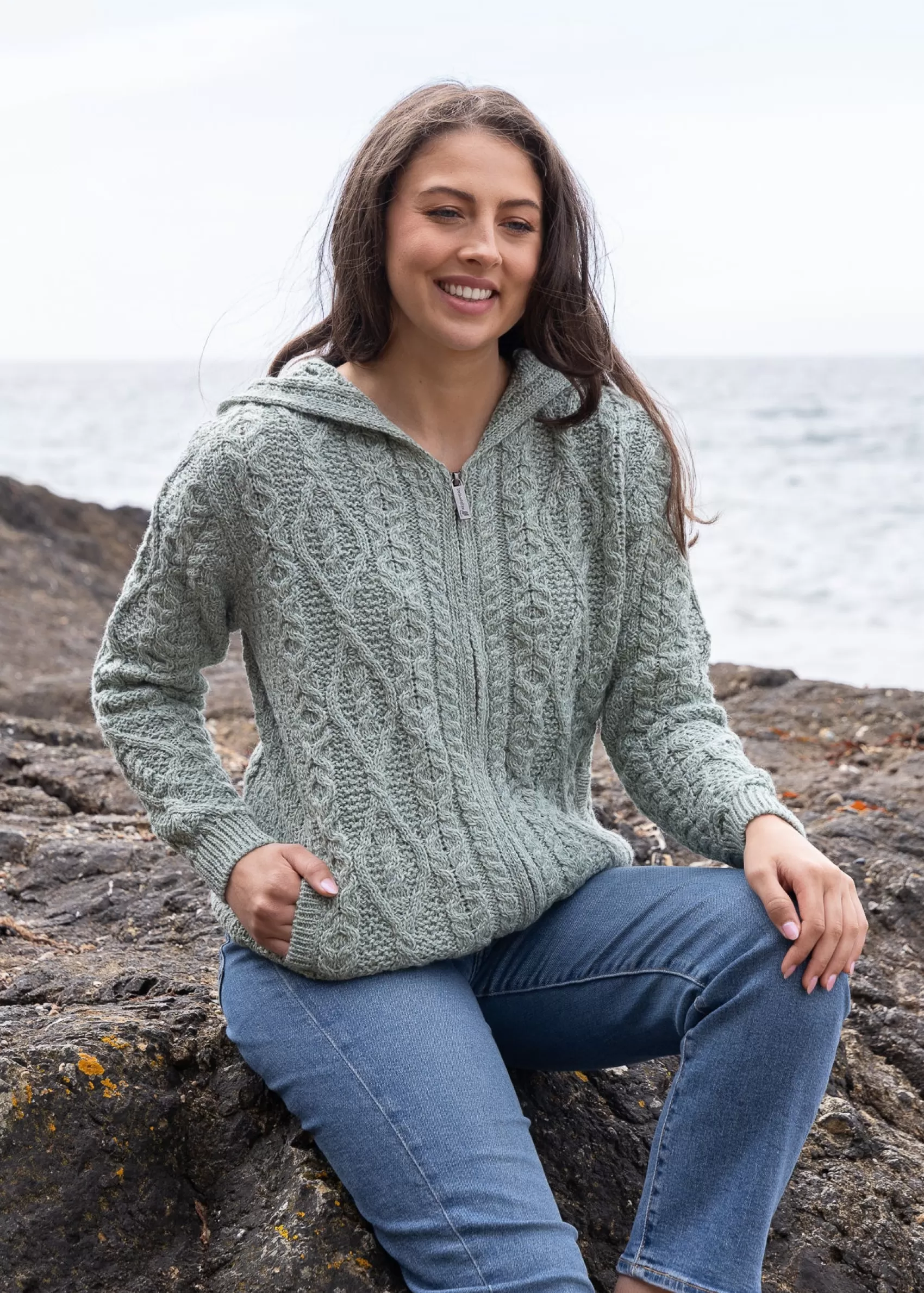 Aran Sweaters | Aran Cardigans^Irelands Eye Knitwear Women's Aran Hooded Cardigan | Sage Marl