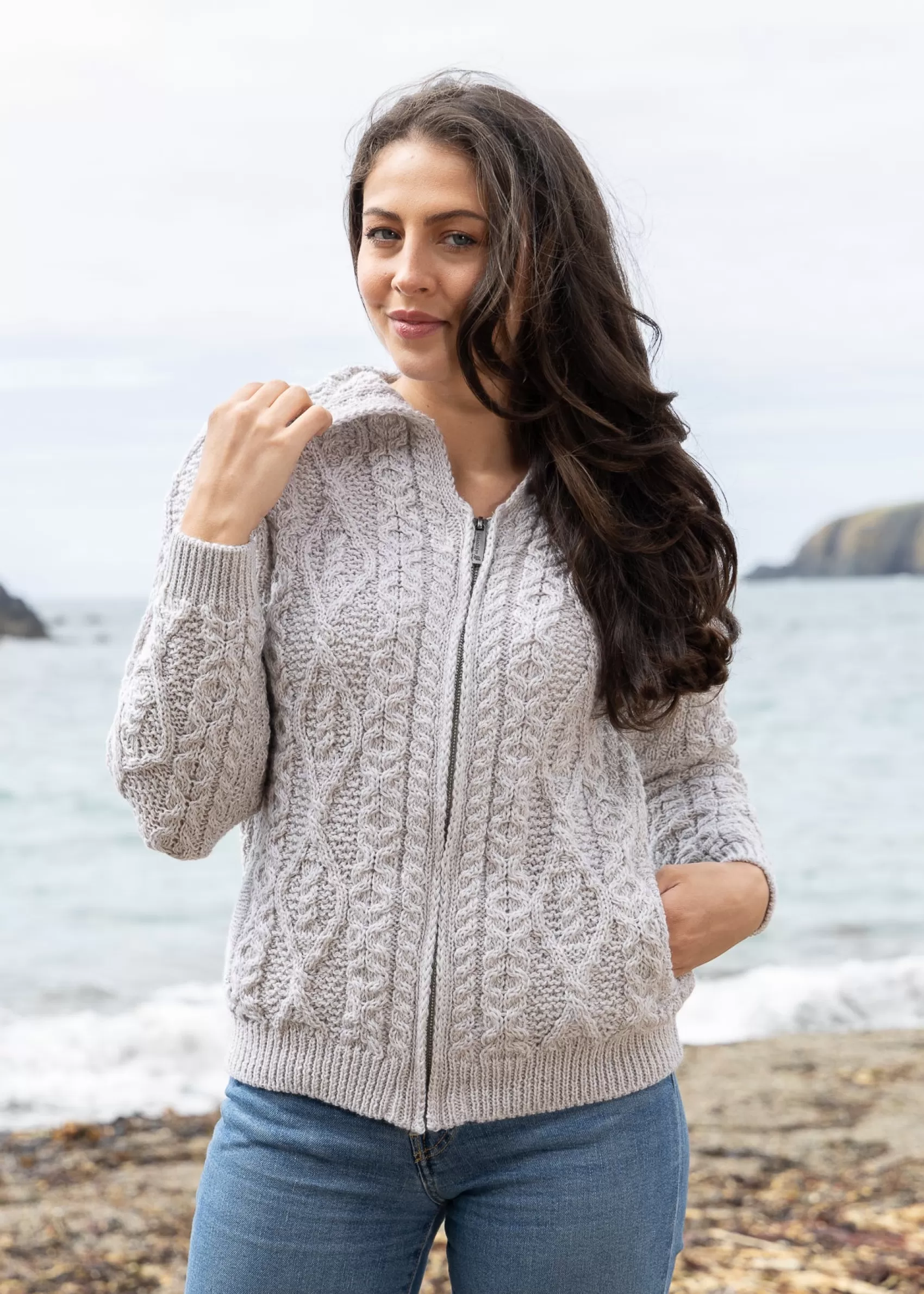 Aran Sweaters | Aran Cardigans^Irelands Eye Knitwear Women's Aran Hooded Cardigan | Silver