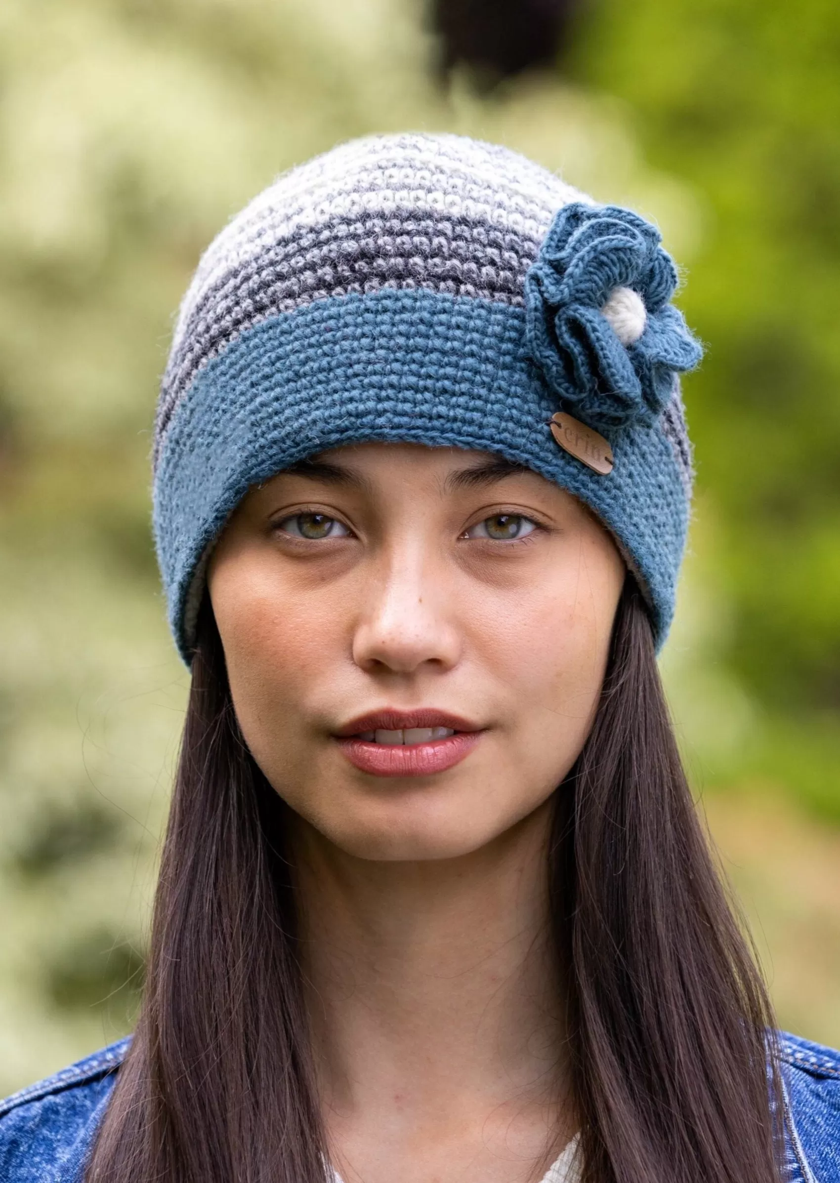 Hats & Caps^Erin Knitwear Women's Crochet Flower Cap | Denim Grey