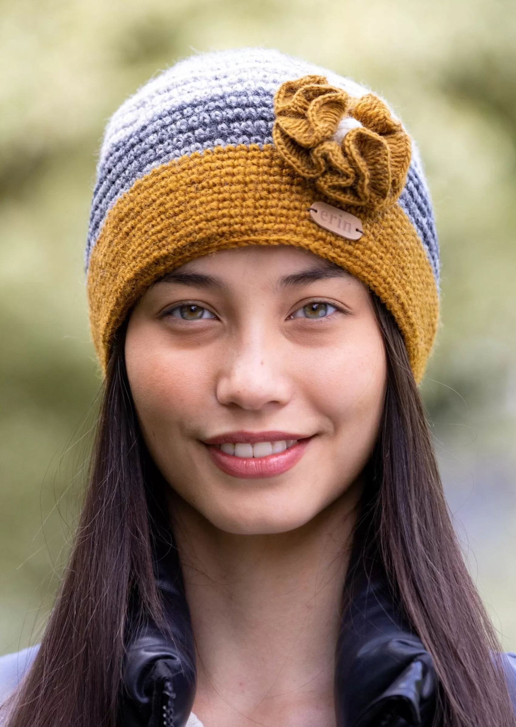 Hats & Caps^Erin Knitwear Women's Crochet Flower Cap | Yellow Grey