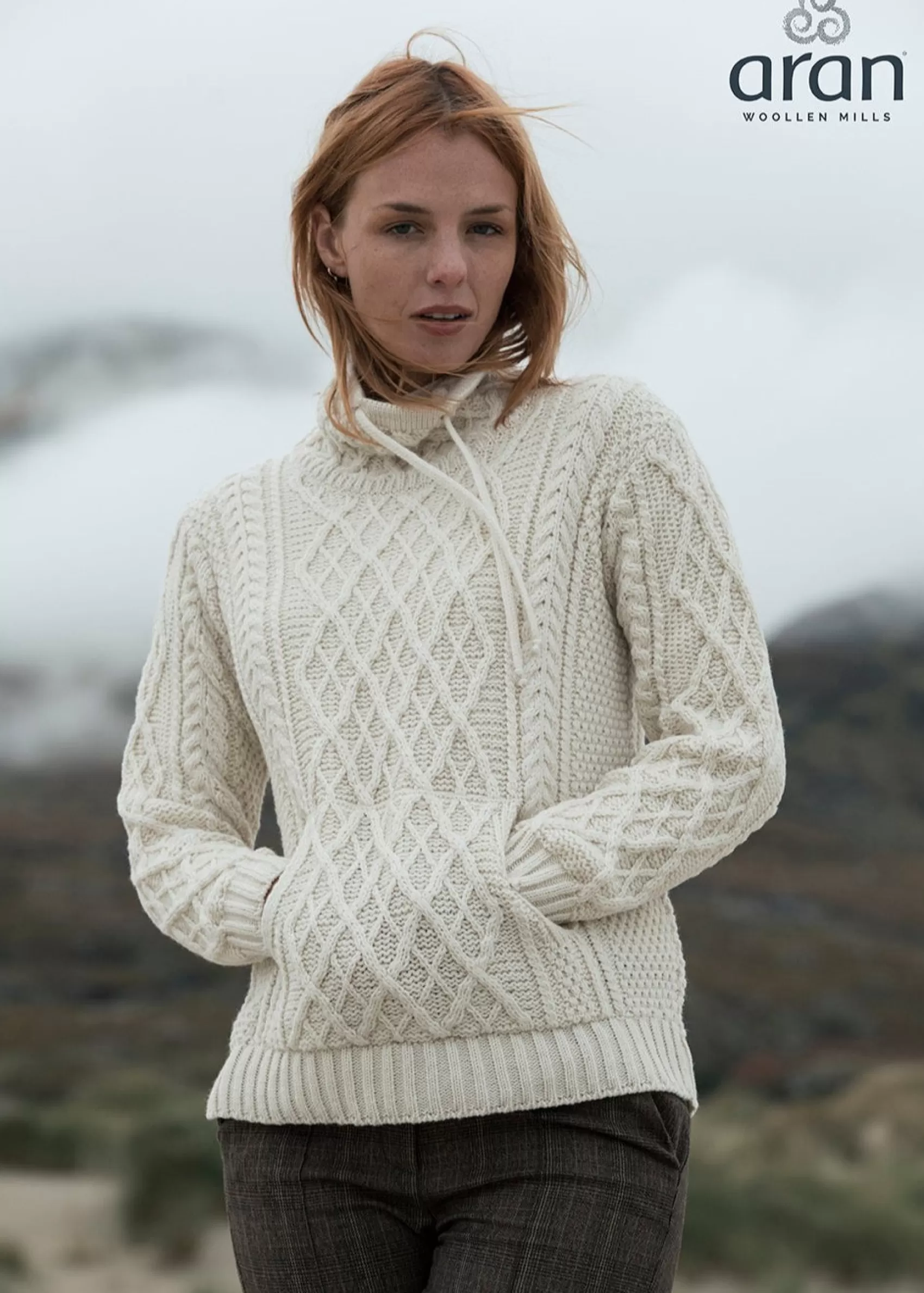 Aran Sweaters^Aran Woollen Mills Women's Drawstring Aran Sweater | Natural