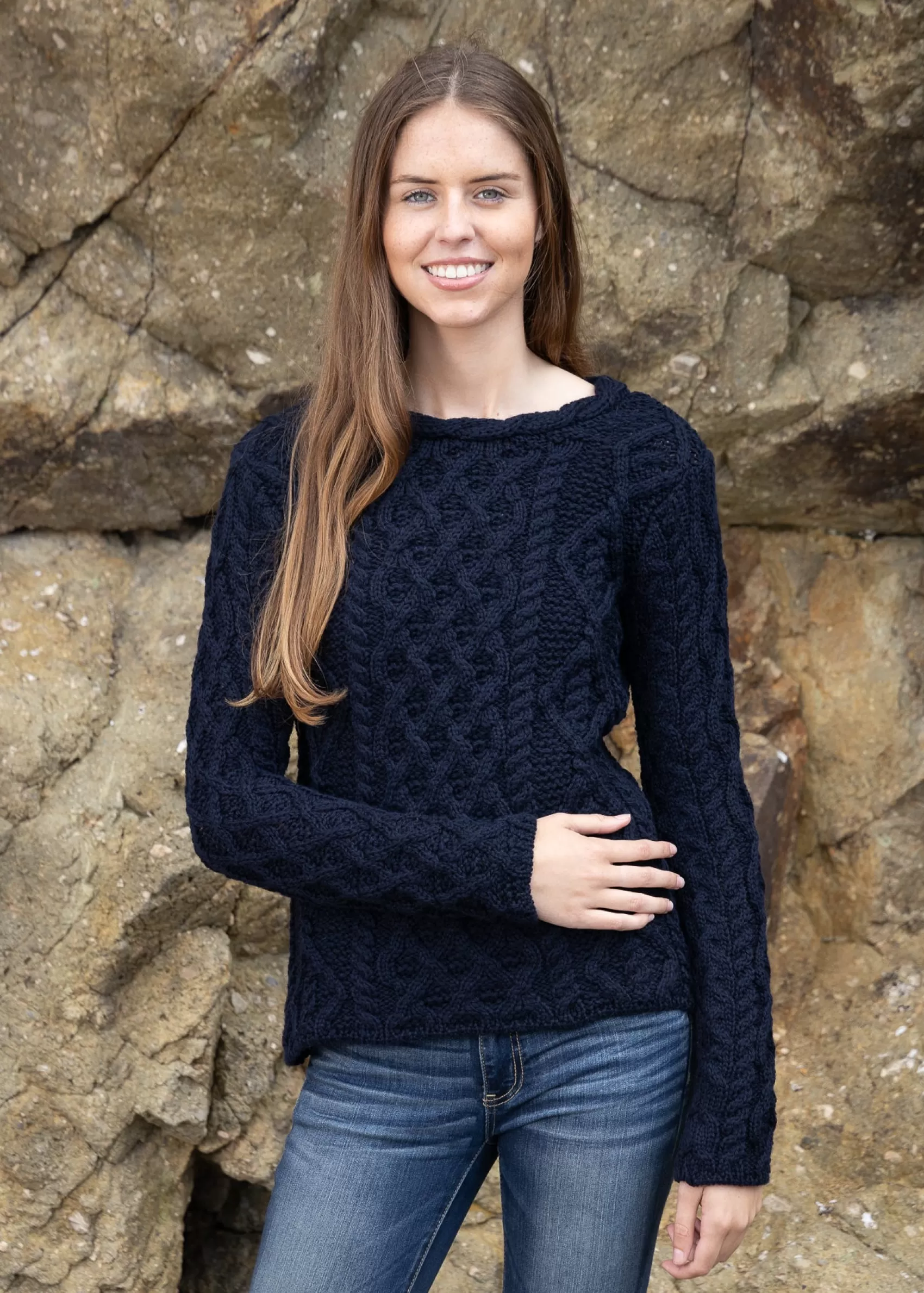 Aran Sweaters^Irelands Eye Knitwear Women's Lambay Aran Sweater | Navy