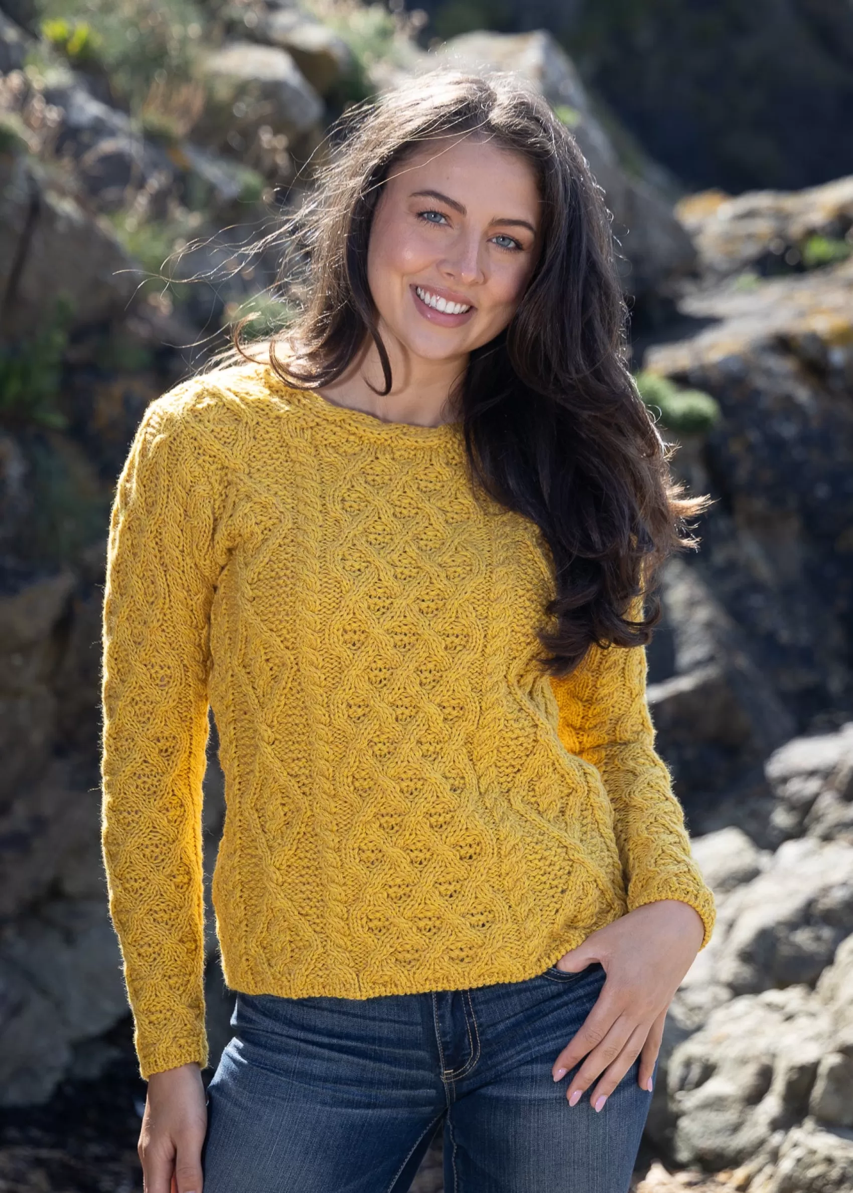 Aran Sweaters^Irelands Eye Knitwear Women's Lambay Aran Sweater | Sunflower