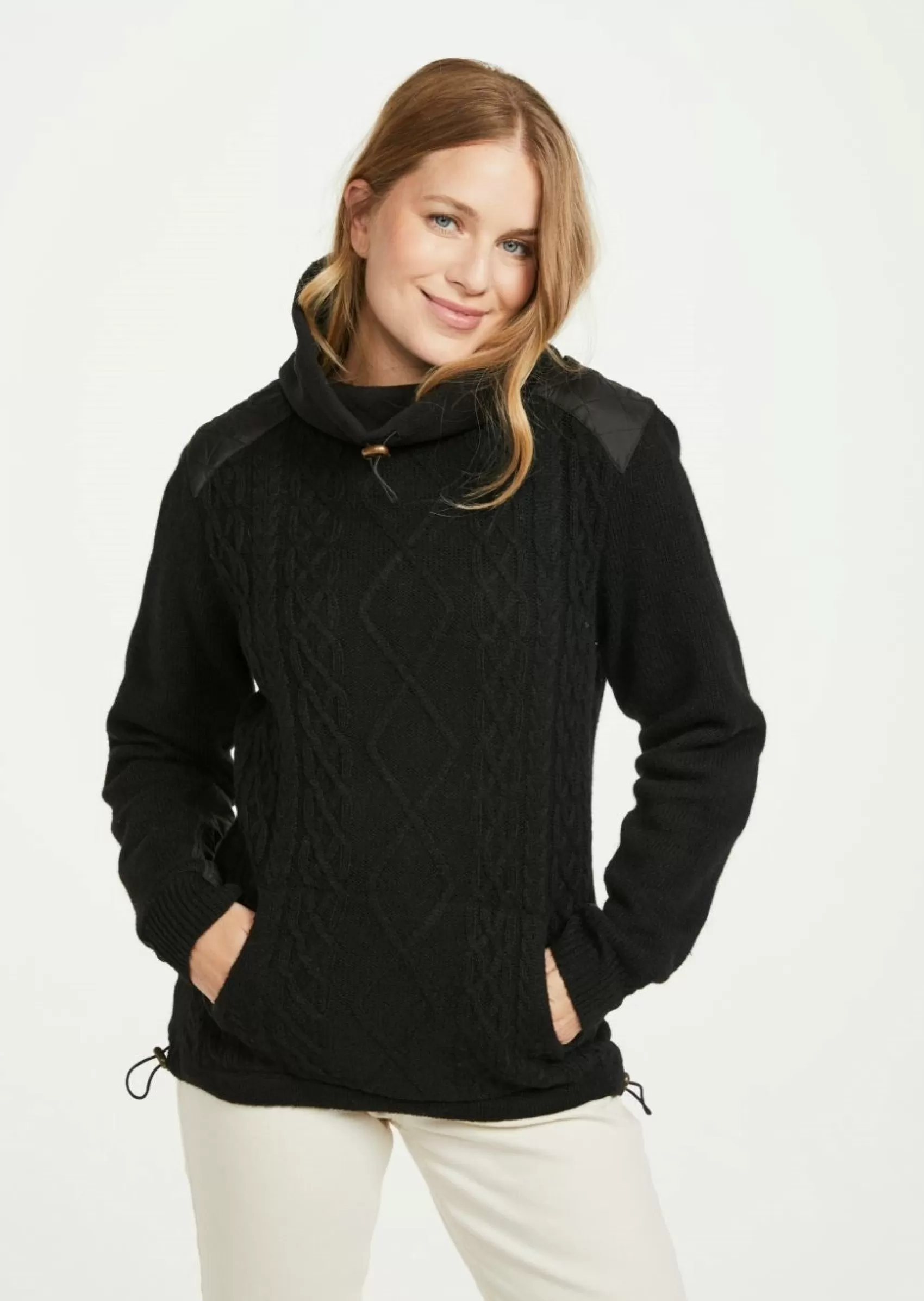 Aran Sweaters^Aran Woollen Mills Women's Lined Aran Cowlneck Sweater | Black