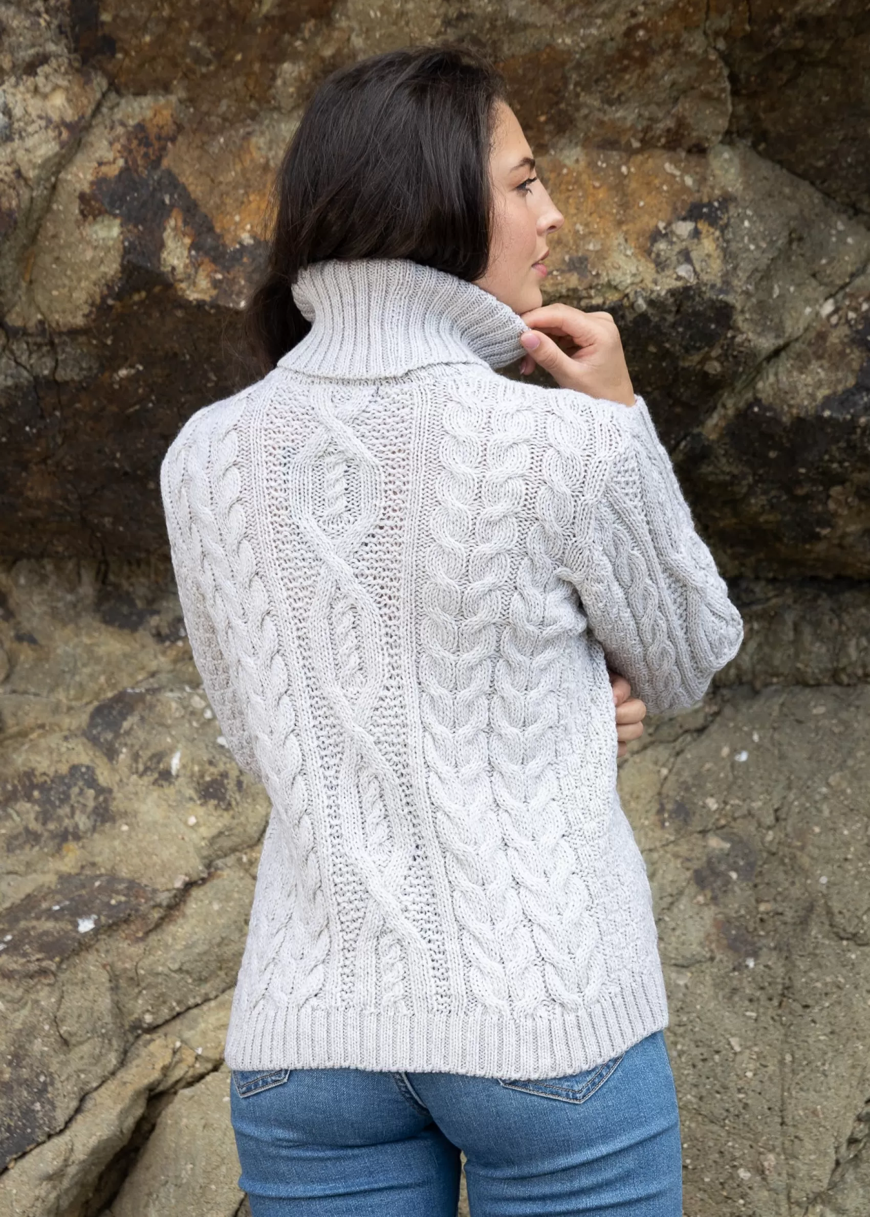 Aran Sweaters^Irelands Eye Knitwear Women's Polo Aran Sweater | Silver Marl