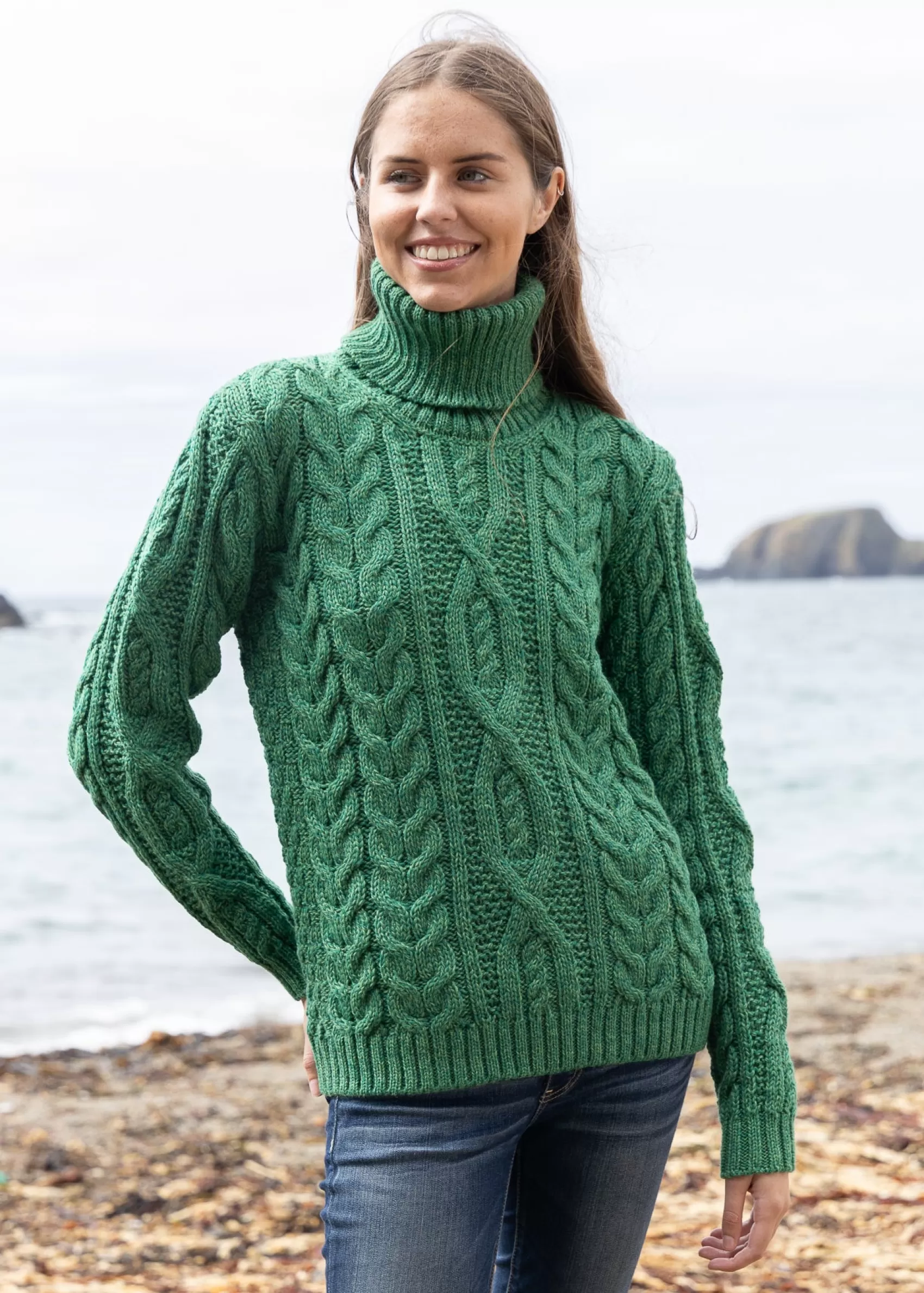 Aran Sweaters^Irelands Eye Knitwear Women's Polo Neck Aran Sweater | Green Marl