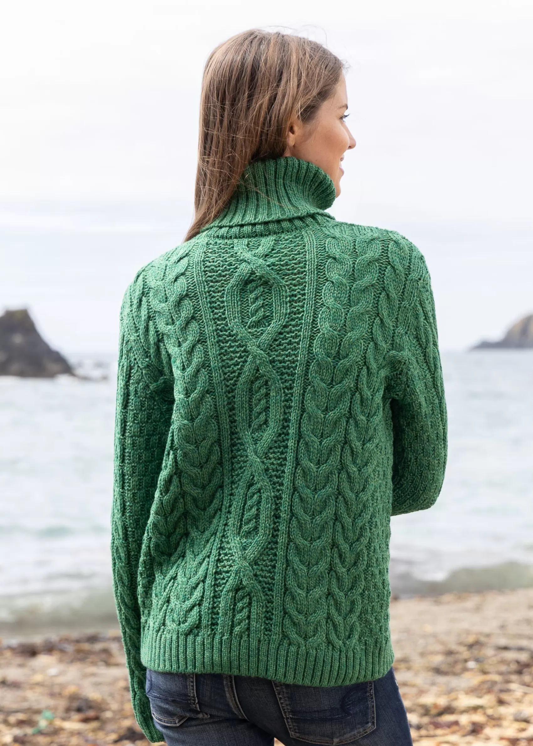 Aran Sweaters^Irelands Eye Knitwear Women's Polo Neck Aran Sweater | Green Marl