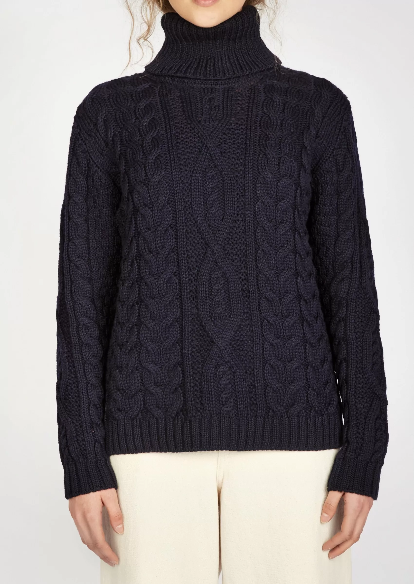 Aran Sweaters^Irelands Eye Knitwear Women's Polo Neck Aran Sweater | Navy