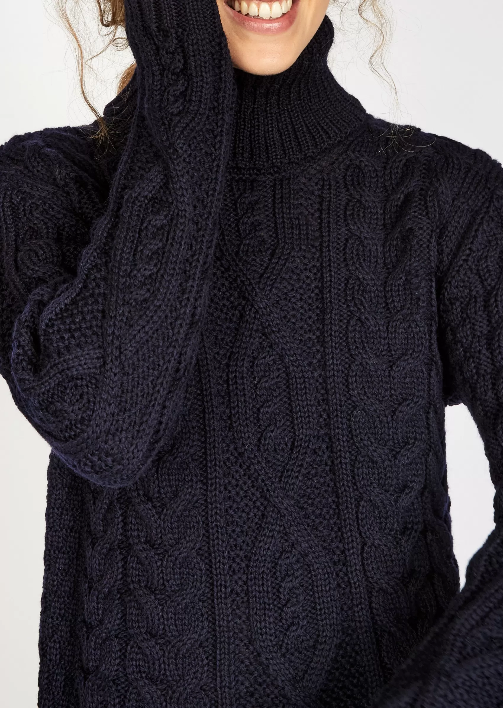 Aran Sweaters^Irelands Eye Knitwear Women's Polo Neck Aran Sweater | Navy