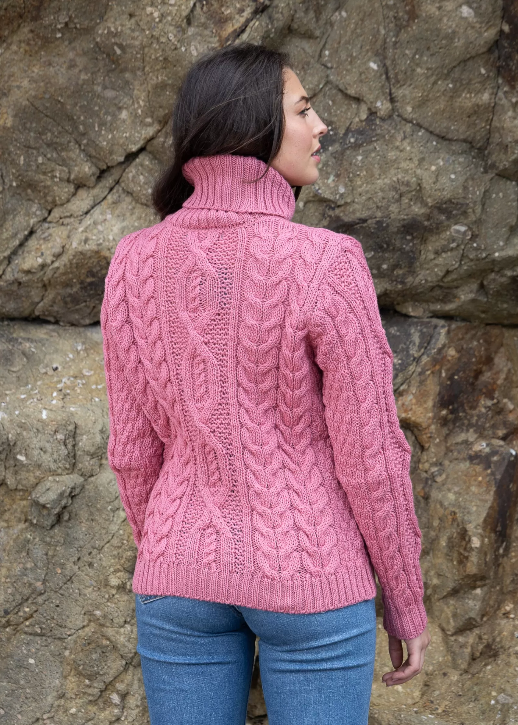 Aran Sweaters^Irelands Eye Knitwear Women's Polo Neck Aran Sweater | Rosa Pink