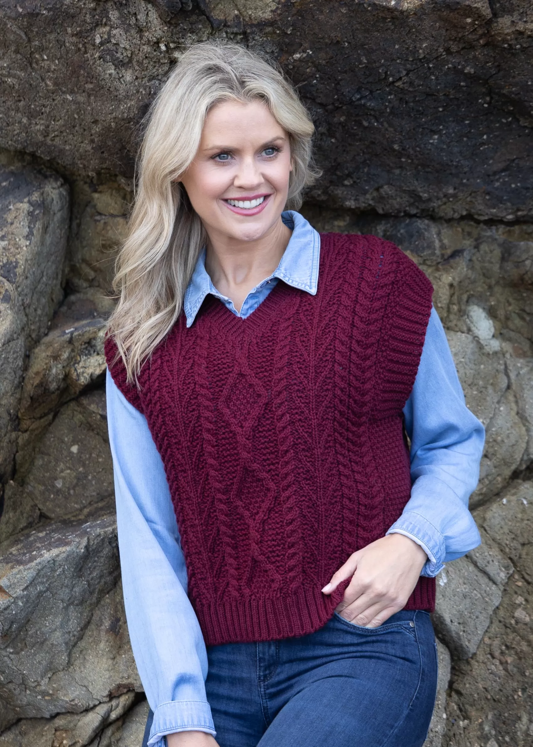 Aran Sweaters^Irelands Eye Knitwear Women's V Neck Aran Vest | Claret