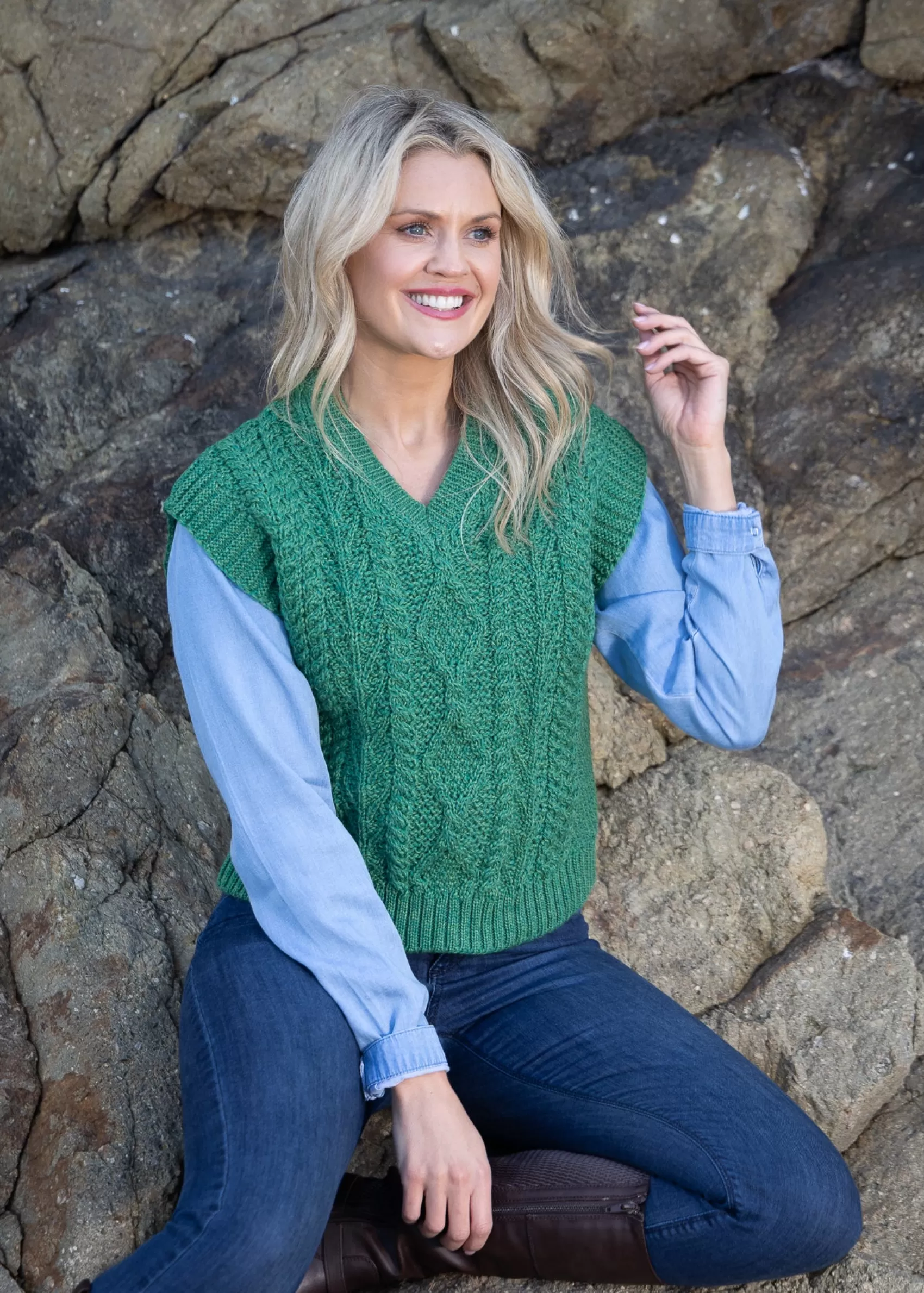 Aran Sweaters^Irelands Eye Knitwear Women's V Neck Aran Vest | Green