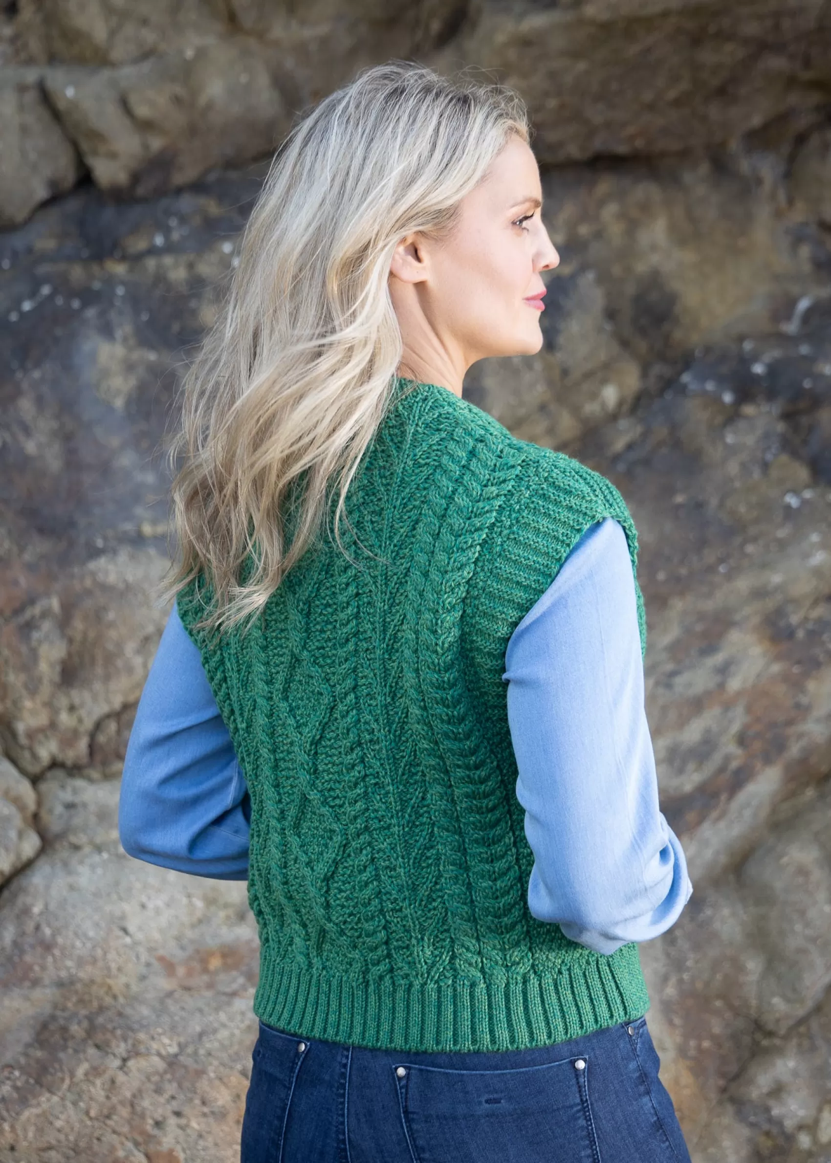 Aran Sweaters^Irelands Eye Knitwear Women's V Neck Aran Vest | Green