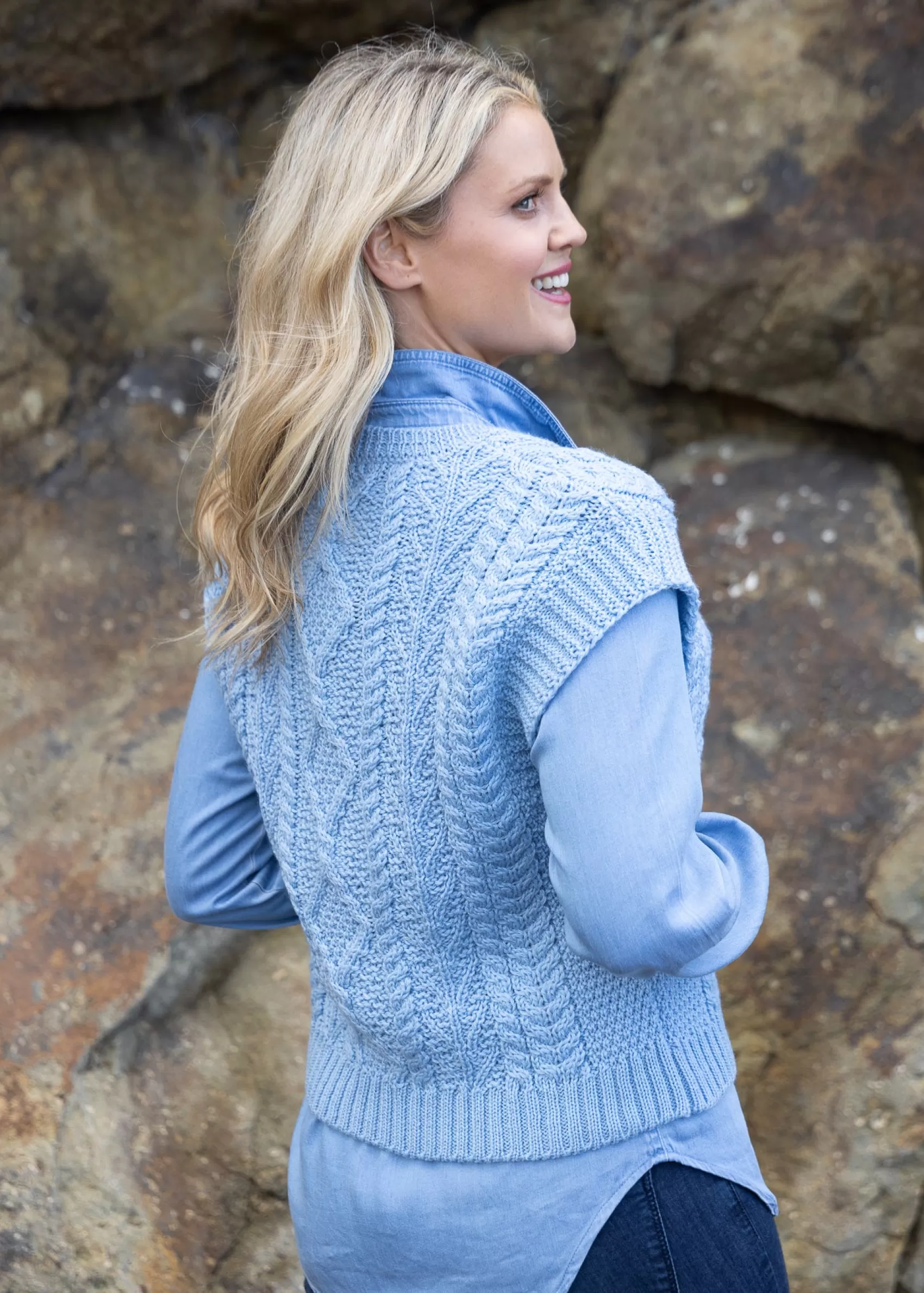 Aran Sweaters^Irelands Eye Knitwear Women's V Neck Aran Vest | Morning Sky