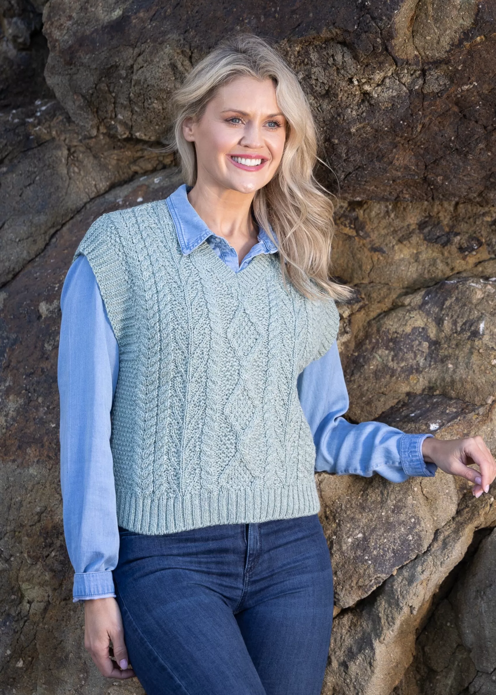 Aran Sweaters^Irelands Eye Knitwear Women's V Neck Aran Vest | Sage Marl