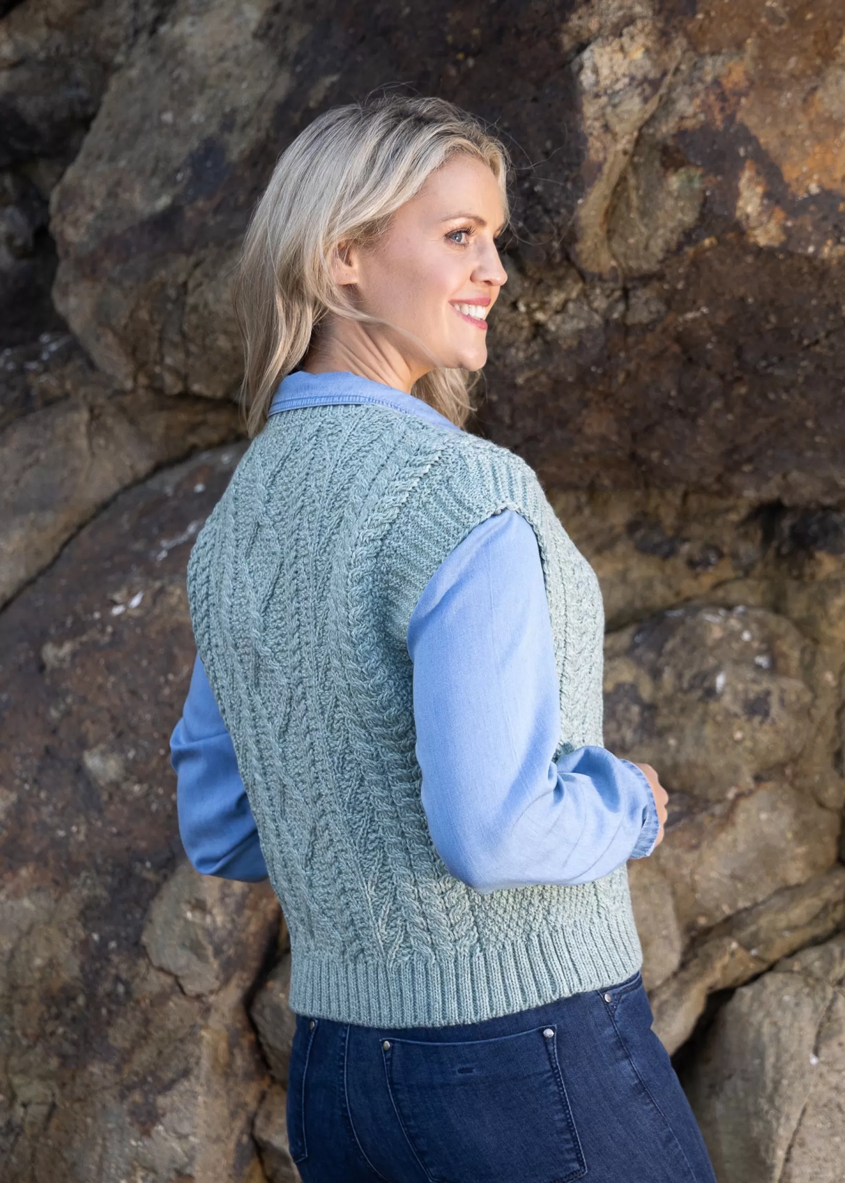 Aran Sweaters^Irelands Eye Knitwear Women's V Neck Aran Vest | Sage Marl