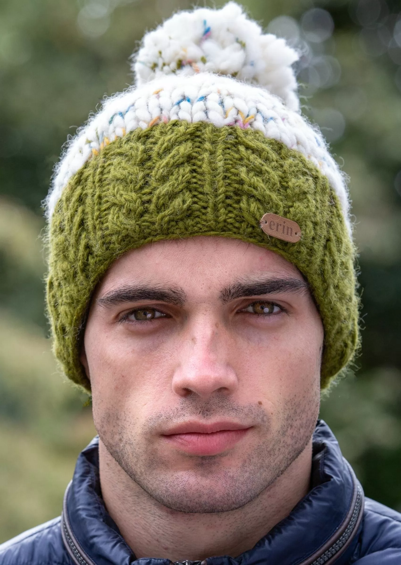 Hats & Caps^Erin Knitwear Wool Bobble Hat Flecked Green